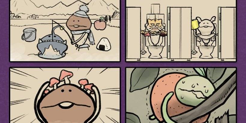 четыре панели. В верхней части левого изображен гриб, пытаясь получить большую рыбу через небольшую дыру во льду. Вверху правой видно, как гриб на туалете в общественном восстановлении удерживает туалетную бумагу. Внизу слева показывается гриб с маленькими грибами на голове. Внизу справа показывает зеленый гриб, пытающийся оттолкнуть апельсин с ветки