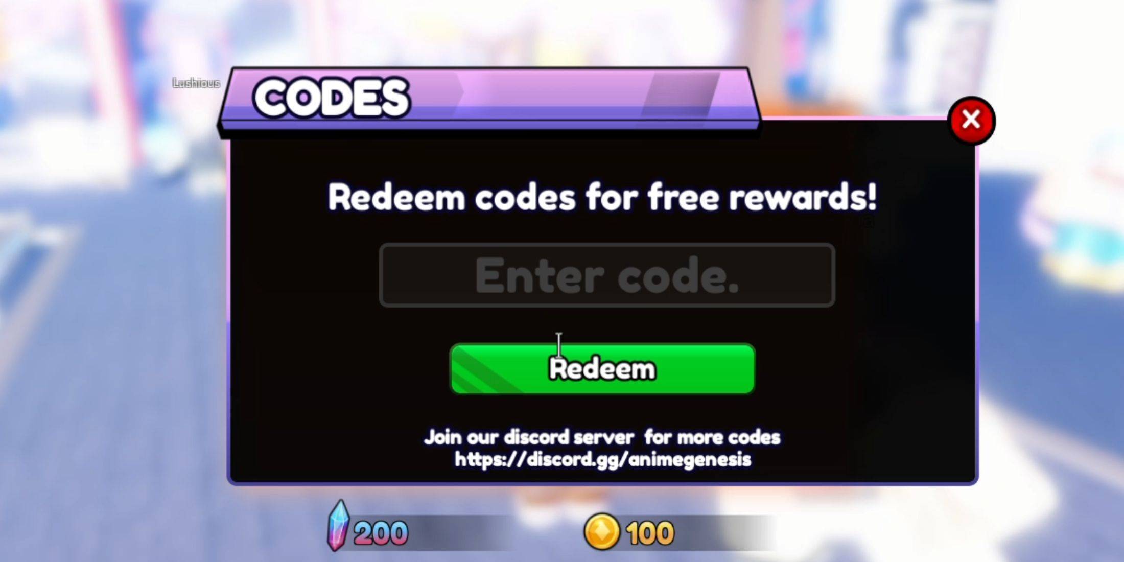 Anime Genesis code redemption screen