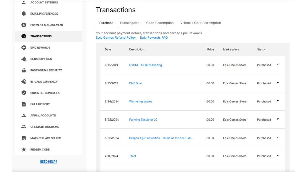 Epic Games transaction history