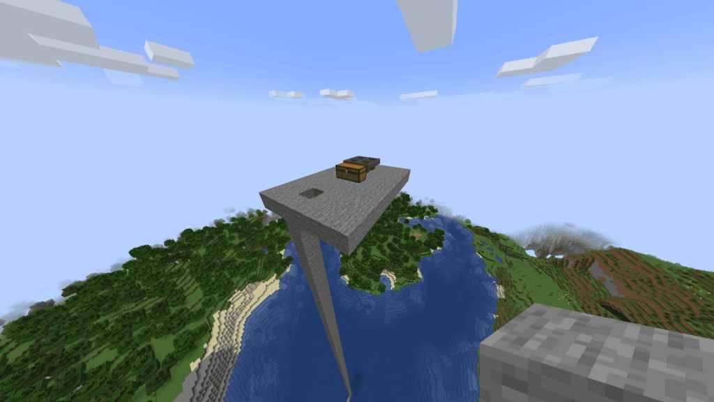Petite plate-forme Minecraft dans le ciel avec un coffre et quatre trémies pour la foule de foule