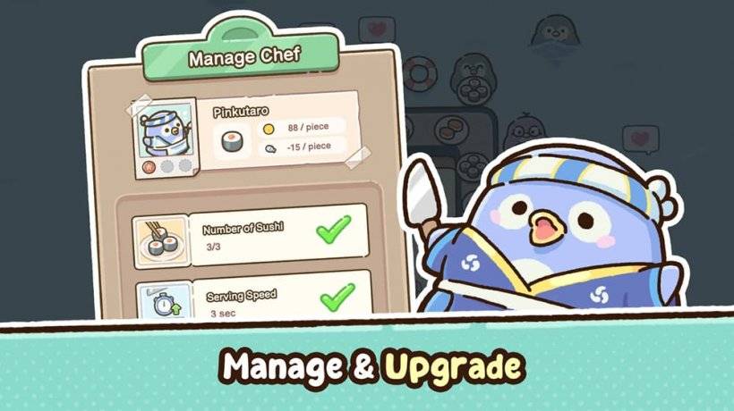 A cheerful penguin displays the upgrade chart in Penguin Sushi Bar