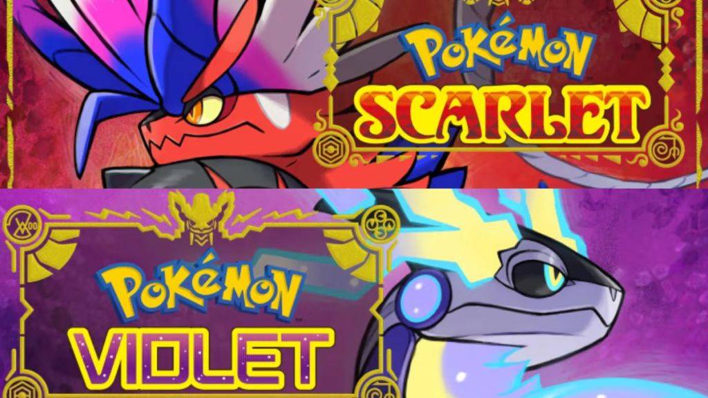 Cover Art pour Pokemon Scarlet et Pokemon Violet, avec Koraidon et Miradon ainsi que les logos de jeu