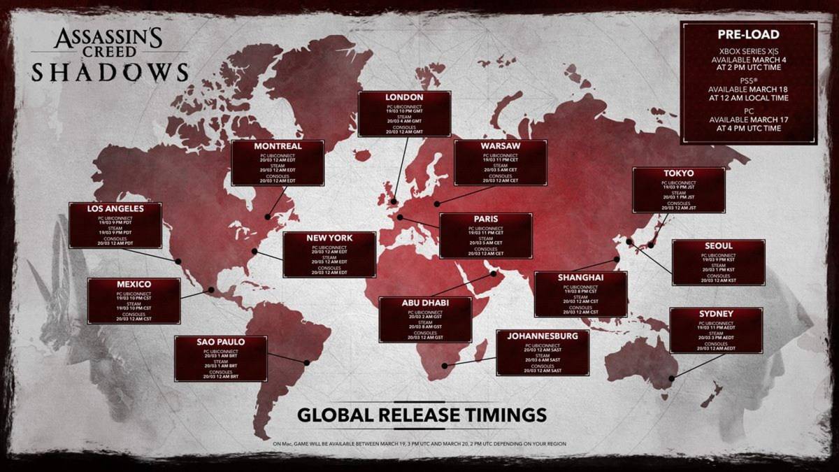 A map showing the release and pre-load times for Assassin's Creed Shadows.