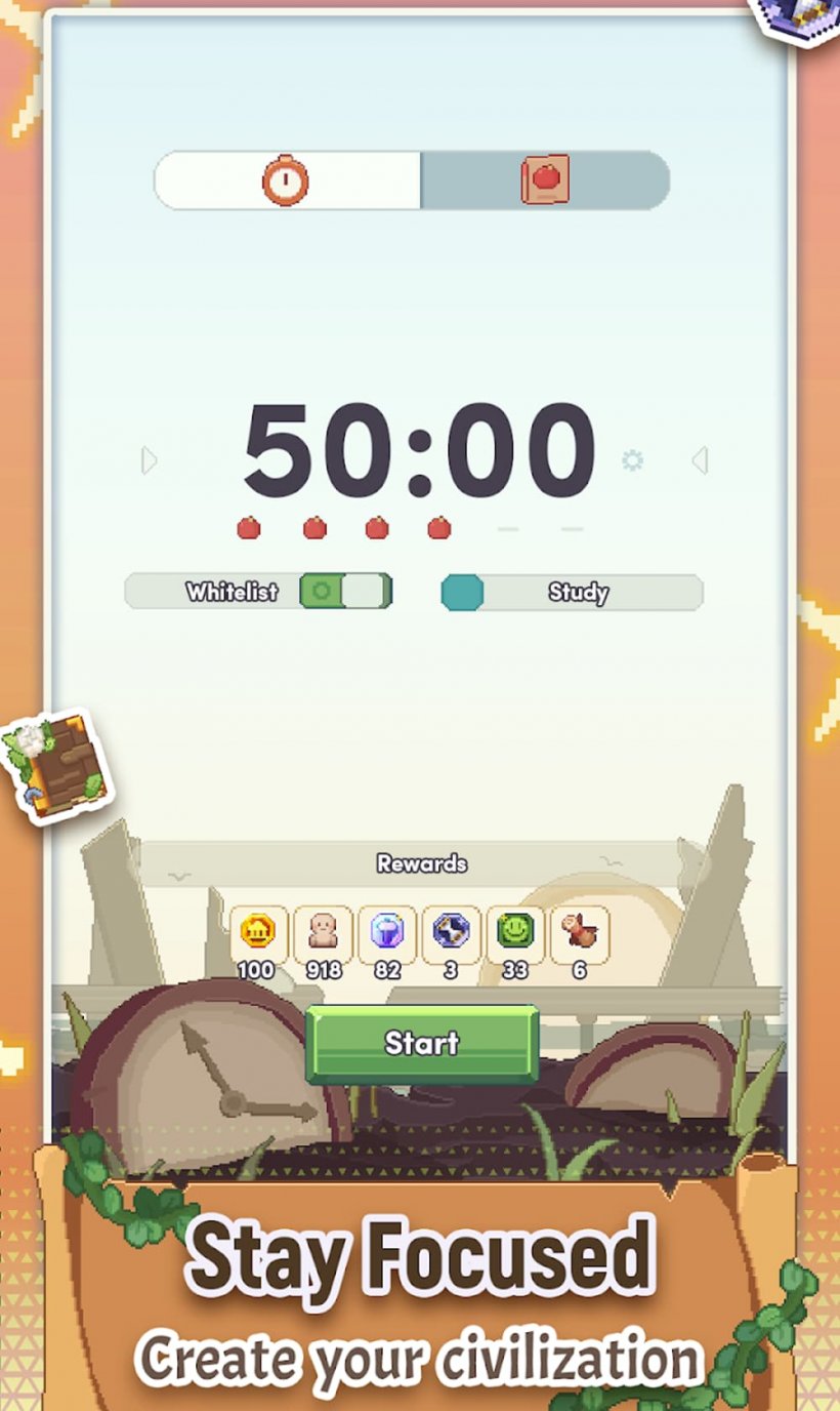 Uno screenshot di un timer in età del conteggio di Pomodoro, che mostra i pulsanti per migliorare le opzioni di messa a fuoco