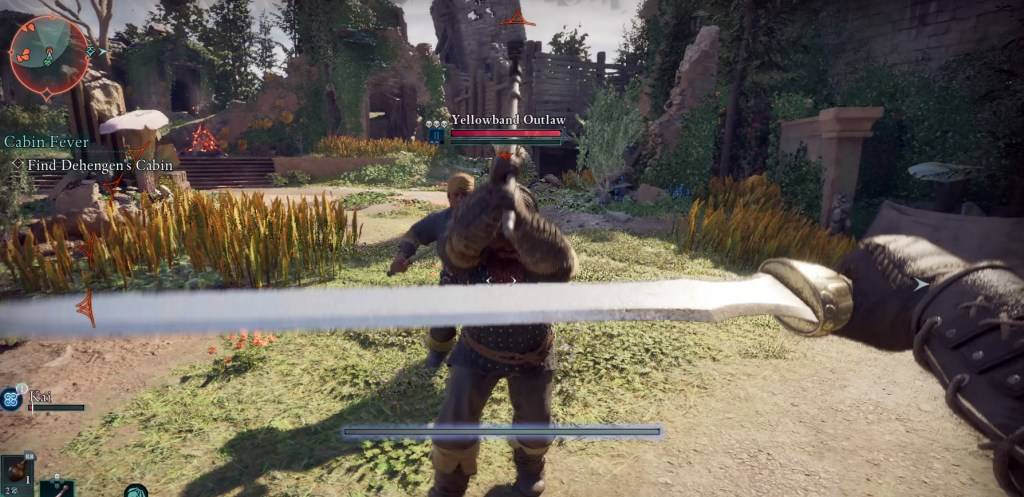 Изображение, показывающее игрока в явном, держав меч, собираясь парировать вне закона о желтом полосе, как часть гида о том, как парировать в игре.